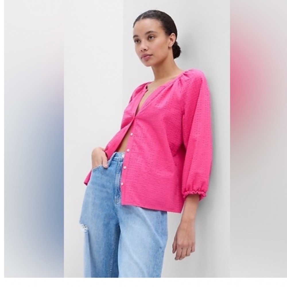 Gap‎ Pink Splitneck Button Front Blouse Puff Sleeve V-Neck Peasant Top Medium